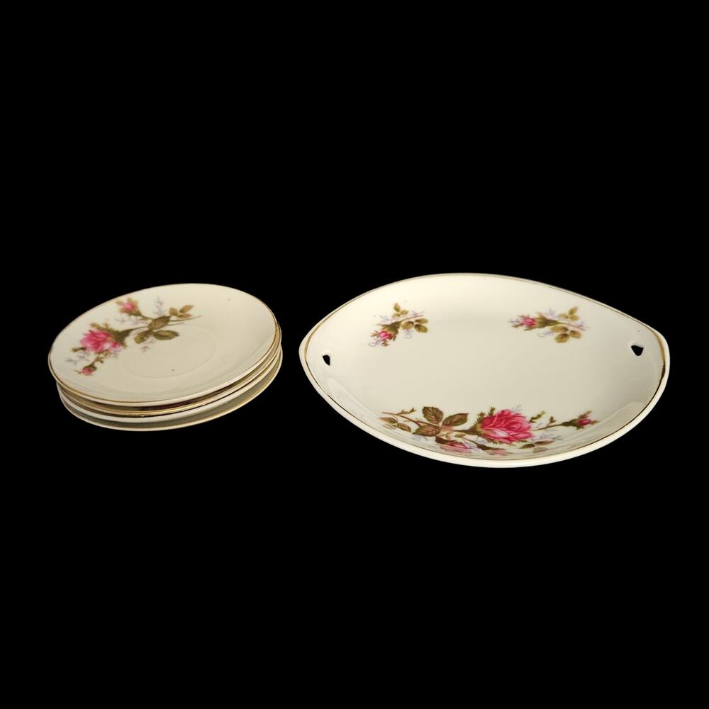 Vintage Japan Pink Rose Porcelain Handled Cake Plate & 4 Saucers Set